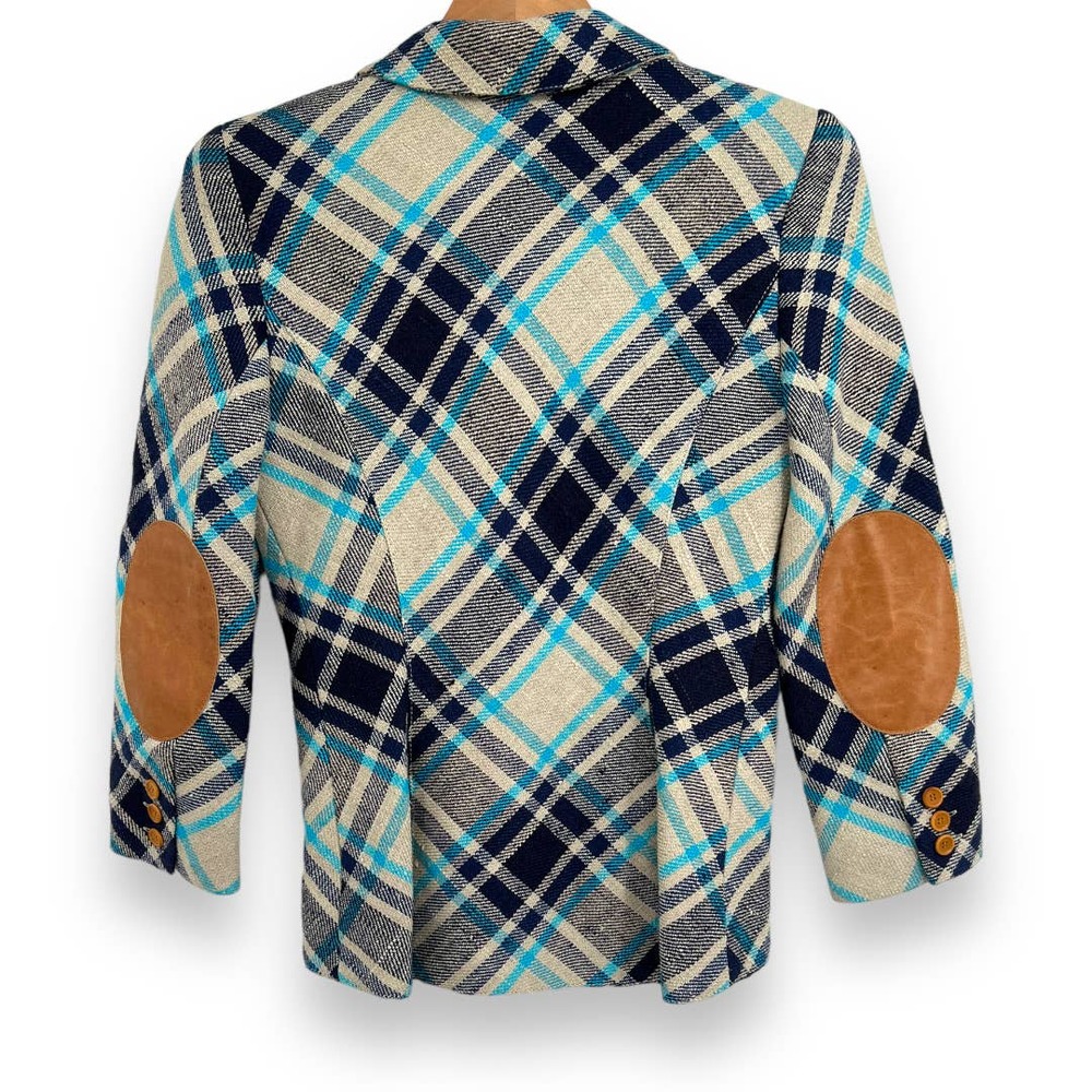 Smythe Plaid Blazer in Navy, Teal & Cream with Leather Elbow Patches - Picture 4 of 15